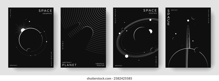 Set of abstract space astronomy backgrounds. Line art galaxy, universe, planet, solar system. Science future concept. Cosmic minimalist design for cover, poster, layout, banner, flyer, brochure