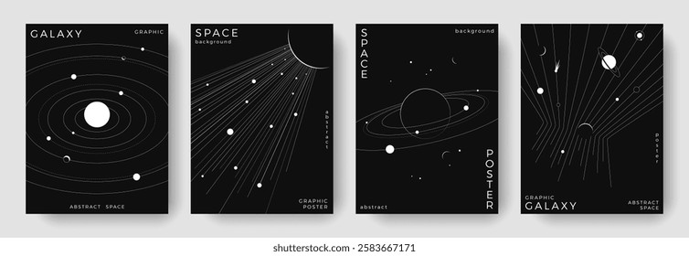 Set of abstract space astronomy backgrounds. Line art galaxy, universe, planet, solar system. Science future concept. Cosmic minimalist design for cover, poster, layout, banner, flyer, brochure