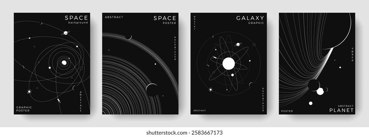 Set of abstract space astronomy backgrounds. Line art galaxy, universe, planet, solar system. Science future concept. Cosmic minimalist design for cover, poster, layout, banner, flyer, brochure