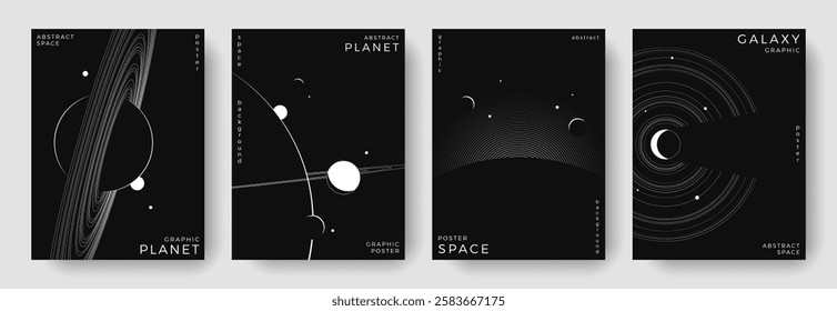 Set of abstract space astronomy backgrounds. Line art galaxy, solar system, planet, black hole. Science future concept. Cosmic minimalist design for cover, poster, layout, banner, flyer, brochure