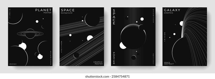 Set of abstract space astronomy backgrounds. Line art galaxy, universe, planet, solar system. Science future concept. Cosmic minimalist design for cover, poster, layout, banner, flyer, brochure