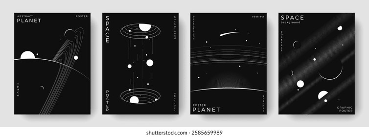 Set of abstract space astronomy backgrounds. Line art galaxy, universe, planet, solar system. Science future concept. Cosmic minimalist design for cover, poster, layout, banner, flyer, brochure