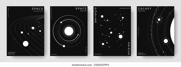 Set of abstract space astronomy backgrounds. Line art galaxy, universe, planet, solar system. Science future concept. Cosmic minimalist design for cover, poster, layout, banner, flyer, brochure