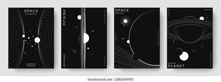 Set of abstract space astronomy backgrounds. Line art galaxy, universe, planet, solar system. Science future concept. Cosmic minimalist design for cover, poster, layout, banner, flyer, brochure