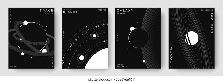 Set of abstract space astronomy backgrounds. Line art galaxy, universe, planet, solar system. Science future concept. Cosmic minimalist design for cover, poster, layout, banner, flyer, brochure