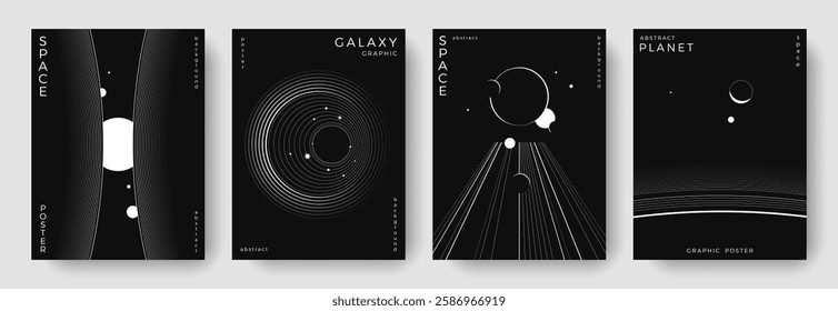 Set of abstract space astronomy backgrounds. Line art galaxy, solar system, planet, black hole. Science future concept. Cosmic minimalist design for cover, poster, layout, banner, flyer, brochure