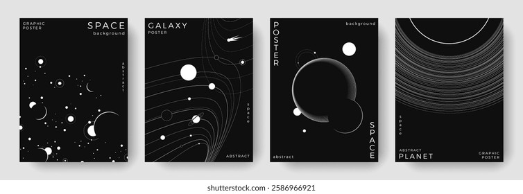 Set of abstract space astronomy backgrounds. Line art galaxy, solar system, planet, black hole. Science future concept. Cosmic minimalist design for cover, poster, layout, banner, flyer, brochure