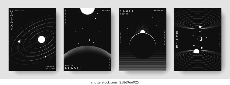 Set of abstract space astronomy backgrounds. Line art galaxy, solar system, planet, black hole. Science future concept. Cosmic minimalist design for cover, poster, layout, banner, flyer, brochure