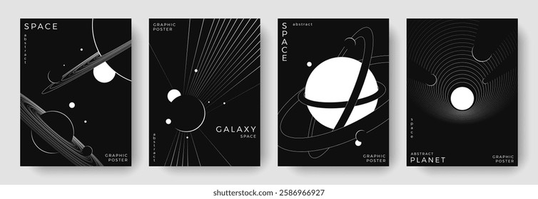 Set of abstract space astronomy backgrounds. Line art galaxy, universe, planet, solar system. Science future concept. Cosmic minimalist design for cover, poster, layout, banner, flyer, brochure