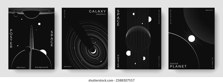 Set of abstract space astronomy backgrounds. Line art galaxy, universe, planet, solar system. Science future concept. Cosmic minimalist design for cover, poster, layout, banner, flyer, brochure