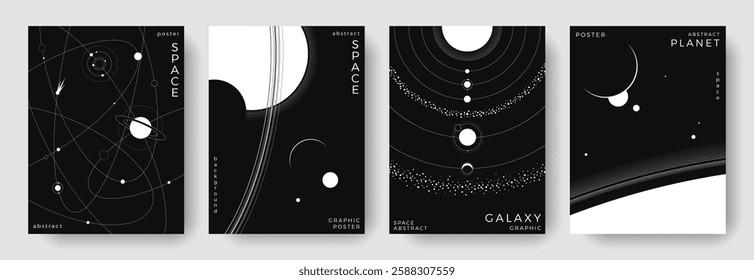 Set of abstract space astronomy backgrounds. Line art galaxy, universe, planet, solar system. Science future concept. Cosmic minimalist design for cover, poster, layout, banner, flyer, brochure