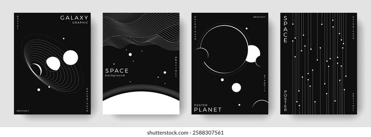 Set of abstract space astronomy backgrounds. Line art galaxy, universe, planet, solar system. Science future concept. Cosmic minimalist design for cover, poster, layout, banner, flyer, brochure