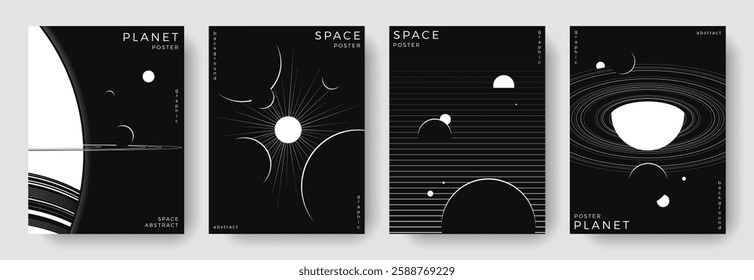 Set of abstract space astronomy backgrounds. Line art galaxy, universe, planet, solar system. Science future concept. Cosmic minimalist design for cover, poster, layout, banner, flyer, brochure