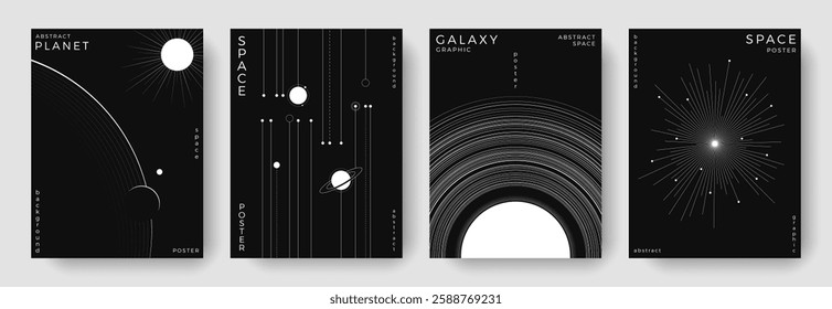 Set of abstract space astronomy backgrounds. Line art galaxy, universe, planet, solar system. Science future concept. Cosmic minimalist design for cover, poster, layout, banner, flyer, brochure