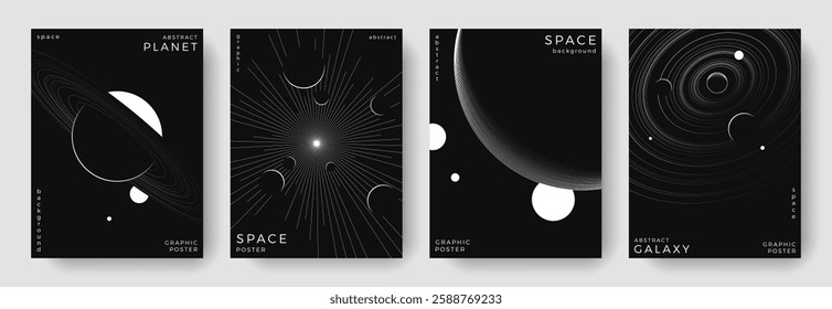 Set of abstract space astronomy backgrounds. Line art galaxy, universe, planet, solar system. Science future concept. Cosmic minimalist design for cover, poster, layout, banner, flyer, brochure