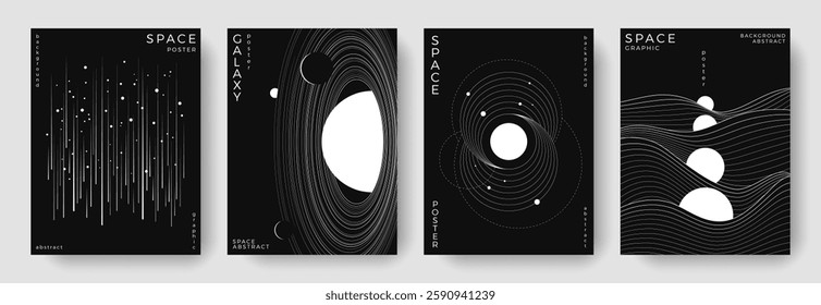 Set of abstract space astronomy backgrounds. Line art galaxy, universe, planet, solar system. Black and white science future concept. Cosmic minimal design for cover, poster, banner, flyer, brochure