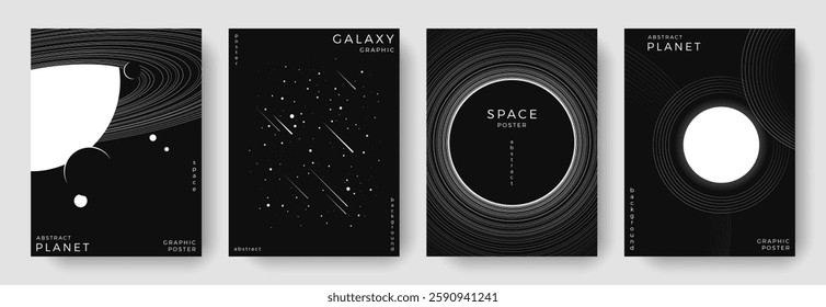 Set of abstract space astronomy backgrounds. Line art galaxy, universe, planet, black hole. Black and white science future concept. Cosmic minimal design for cover, poster, banner, flyer, brochure