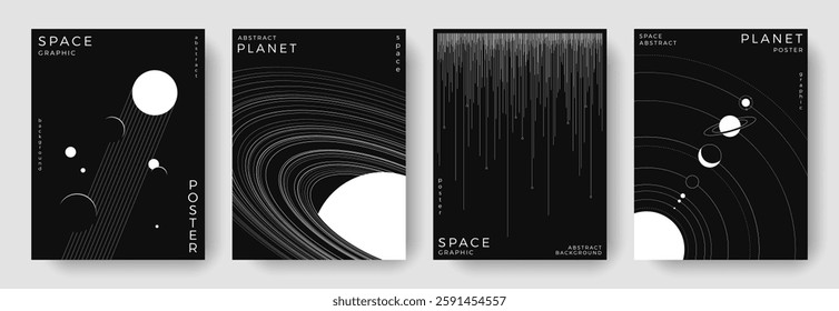 Set of abstract space astronomy backgrounds. Line art galaxy, universe, planet, solar system. Black and white science future concept. Cosmic minimal design for cover, poster, banner, flyer, brochure