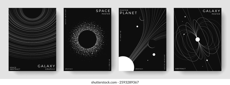 Set of abstract space astronomy backgrounds. Line art galaxy, universe, planet, black hole. Black and white science minimal concept. Cosmic modern design for cover, poster, banner, flyer, brochure