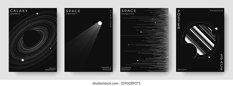 Set of abstract space astronomy backgrounds. Line art galaxy, meteorites, planet, black hole. Black and white science minimal concept. Cosmic modern design for cover, poster, banner, flyer, brochure