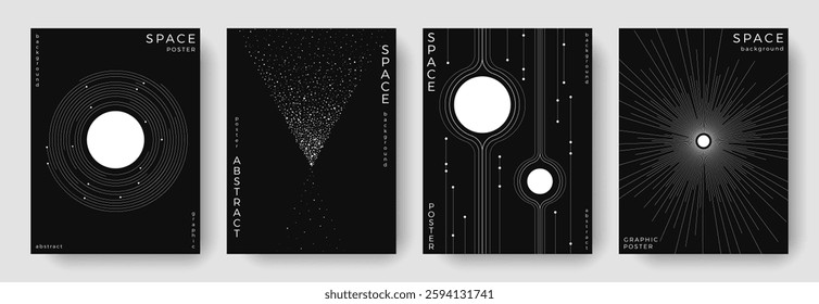 Set of abstract space astronomy backgrounds. Line art simple meteorites, planet, solar system. Black and white science future concept. Cosmic minimal design for cover, poster, banner, flyer, brochure