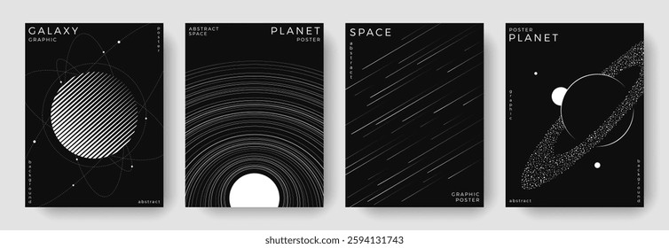 Set of abstract space astronomy backgrounds. Linear galaxy, meteorites, planet, solar system. Black and white science future concept. Outline minimal design for cover, poster, banner, flyer, brochure