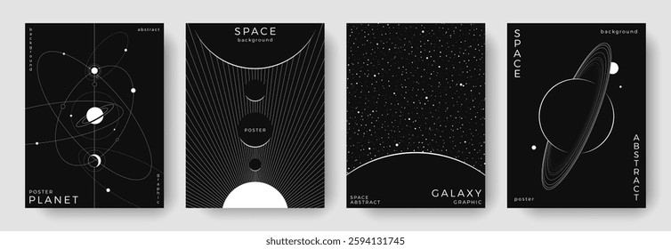 Set of abstract space astronomy backgrounds. Line art simple galaxy, planet, solar system. Black and white science future concept. Cosmic minimal design for cover, poster, banner, flyer, brochure