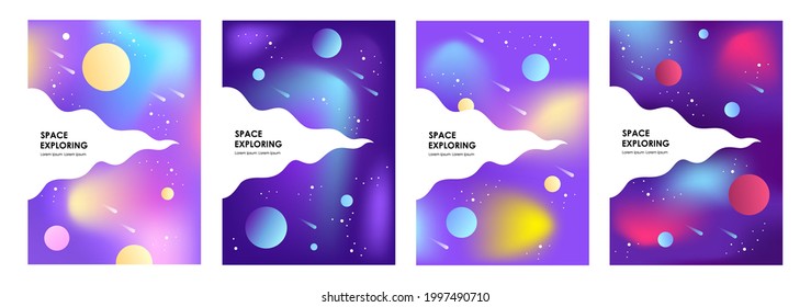 Set of abstract space banners. Planets, Universe and Galaxy. Templates for covers, posters, brochures, pages, postcards. Place for your text. Modern vector illustration. 