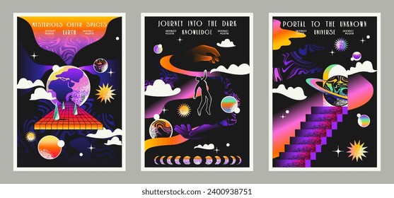 Set of abstract space posters. Retro covers with outer space, esoteric silhouettes, planets and stars. Exploration of galaxy and universe. Cartoon flat vector collection isolated on gray background