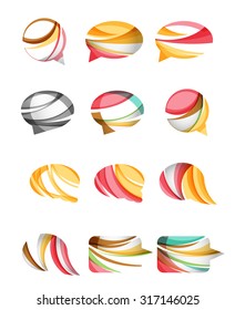 Set of abstract speech bubble and cloud icons, business logotype concepts, clean modern geometric design. Created with transparent abstract wave lines