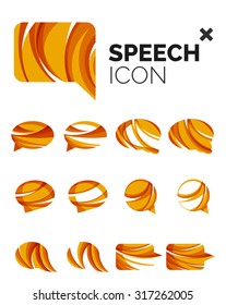 Set of abstract speech bubble and cloud icons, business logotype concepts, clean modern geometric design. Created with transparent abstract wave lines