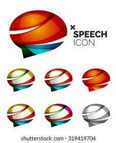 Set of abstract speech bubble and cloud icons, business logotype concepts, clean modern geometric design. Created with transparent abstract wave lines