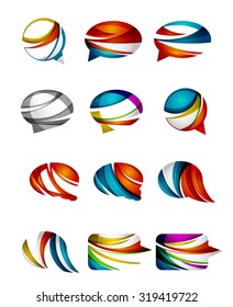 Set of abstract speech bubble and cloud icons, business logotype concepts, clean modern geometric design. Created with transparent abstract wave lines