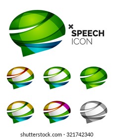 Set of abstract speech bubble and cloud icons, business logotype concepts, clean modern geometric design. Created with transparent abstract wave lines