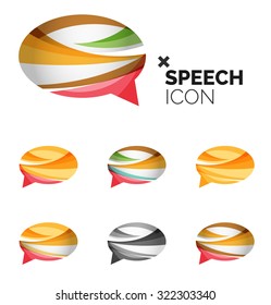 Set of abstract speech bubble and cloud icons, business logotype concepts, clean modern geometric design. Created with transparent abstract wave lines