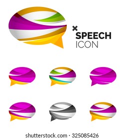 Set of abstract speech bubble and cloud icons, business logotype concepts, clean modern geometric design. Created with transparent abstract wave lines