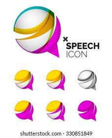 Set of abstract speech bubble and cloud icons, business logotype concepts, clean modern geometric design. Created with transparent abstract wave lines