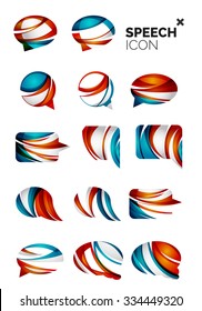 Set of abstract speech bubble and cloud icons, business logotype concepts, clean modern geometric design. Created with transparent abstract wave lines