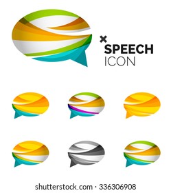 Set of abstract speech bubble and cloud icons, business logotype concepts, clean modern geometric design. Created with transparent abstract wave lines