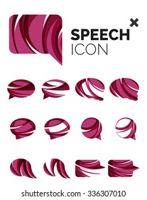 Set of abstract speech bubble and cloud icons, business logotype concepts, clean modern geometric design. Created with transparent abstract wave lines