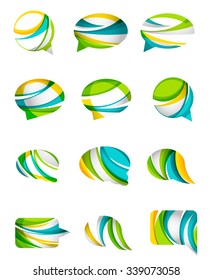 Set of abstract speech bubble and cloud icons, business logotype concepts, clean modern geometric design. Created with transparent abstract wave lines