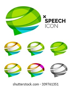 Set of abstract speech bubble and cloud icons, business logotype concepts, clean modern geometric design. Created with transparent abstract wave lines