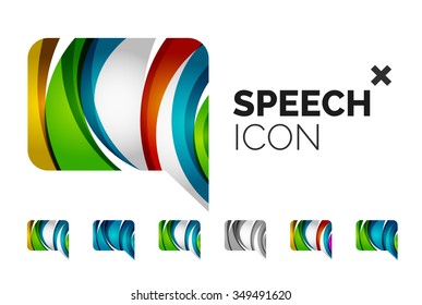 Set of abstract speech bubble and cloud icons, business logotype concepts, clean modern geometric design. Created with transparent abstract wave lines