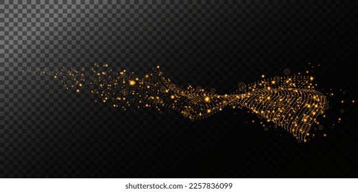Set of abstract speed lines, golden wave flow with gold glitter confetti on black background
