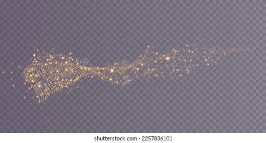 Conjunto de líneas de velocidad abstractas, flujo de onda dorada con confeti de brillo dorado sobre fondo negro
