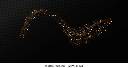 Set of abstract speed lines, golden wave flow with gold glitter confetti on black background

