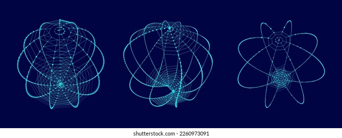 Satz abstrakter Sphären aus Punkten und Linien auf blauem Hintergrund. Netzwerkverbindungsstruktur. Visualisierung großer Daten. Vektorgrafik.