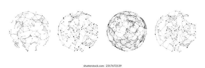 Set of abstract spheres from points and lines on a white background. Network connection structure. Big data visualization. Vector illustration.