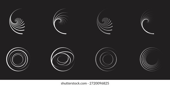 Conjunto de Elementos espirales y circulares abstractos sobre un fondo oscuro. Los remolinos geométricos blancos y los anillos punteados crean una sensación futurista moderna. Ideal para el diseño de tecnología, Gráficos para video e interfaces digitales.
