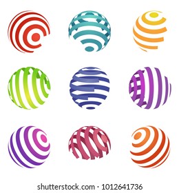 Set of abstract spiral logos. Colorful ball shapes, template symbols isolated on white background. Creative vector illustration for emblems